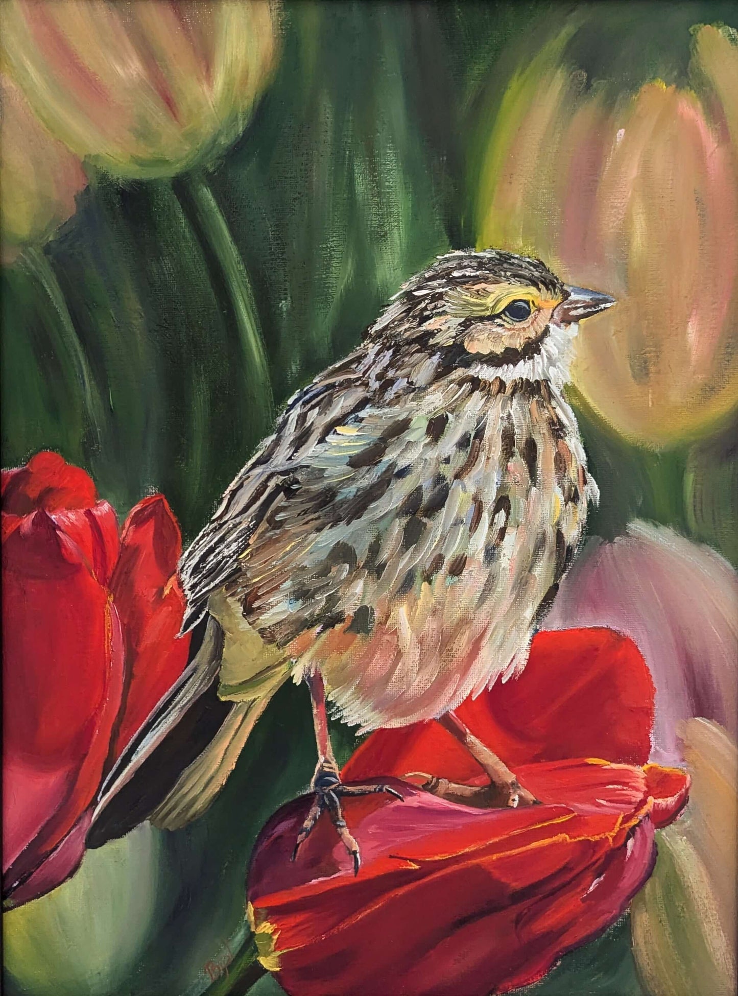 bird,original painting,sparrow,tulips