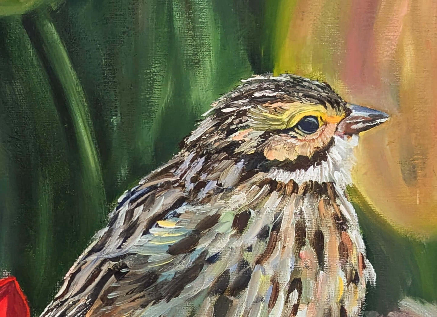 bird,original painting,sparrow,tulips