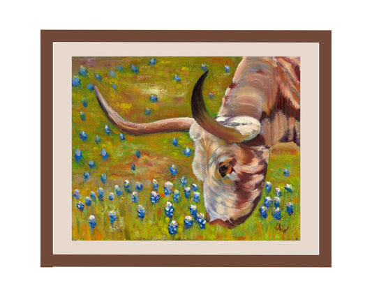 art print,bluebonnets,flower,longhorn,wall decor
