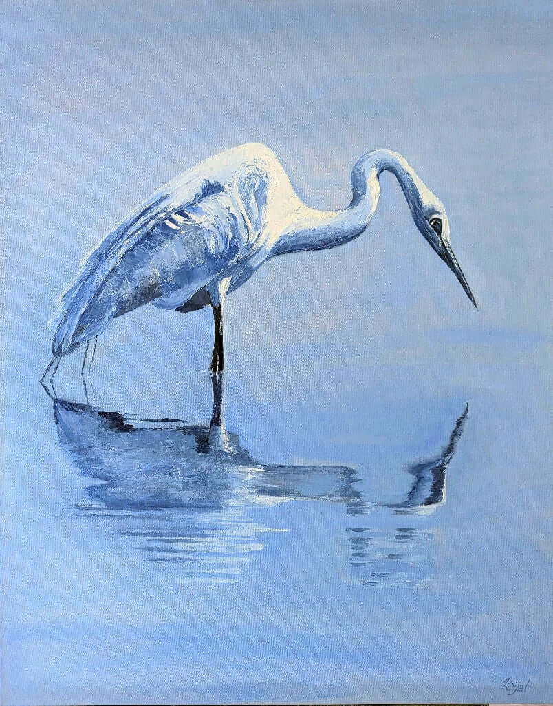 blue,bluebird,egret,reflection original artwork,wall decor