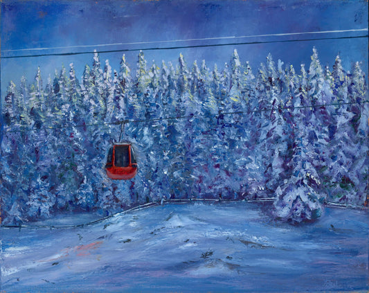 blue,gondola,original painting,red,snow,winter